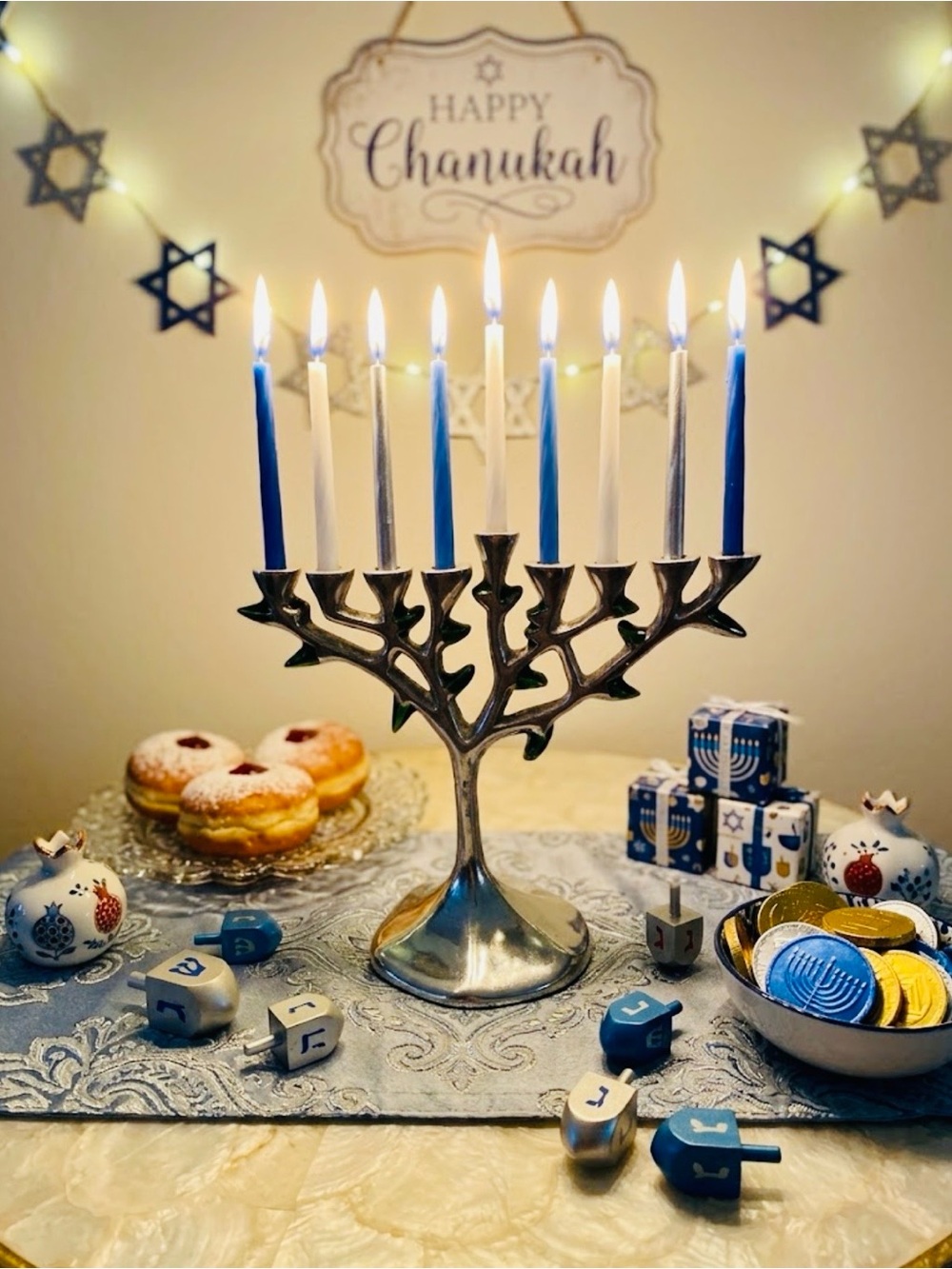 Judaica-Chanukah-Tree of Life metal menorah-green enamel on leaves